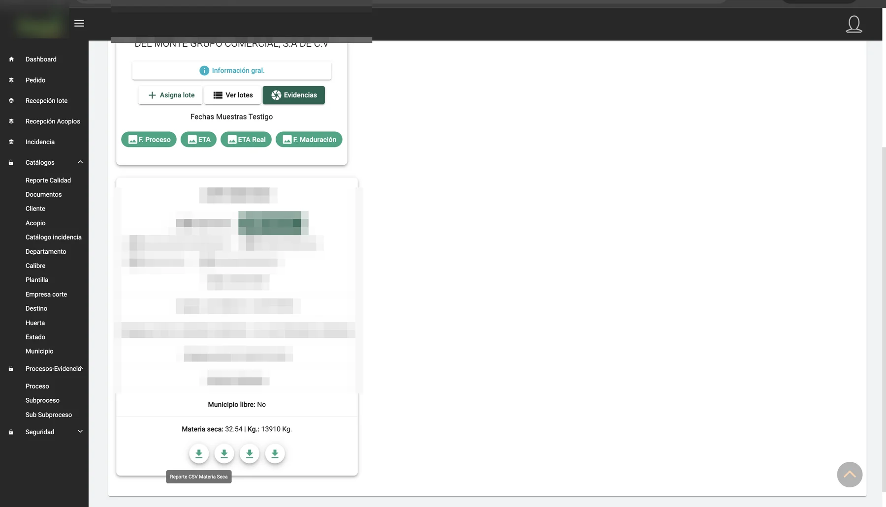 Detalle de lote con seguimiento y evidencias