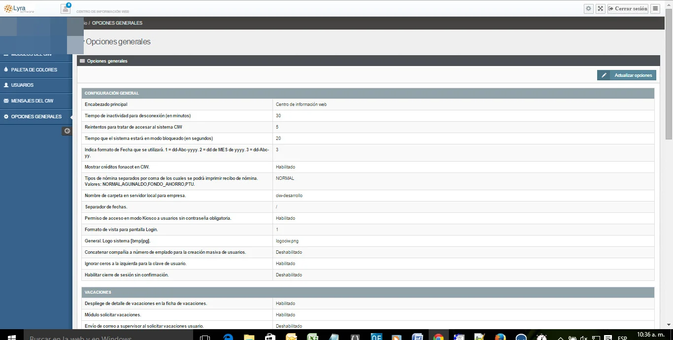 Parámetros generales y configuración del sistema