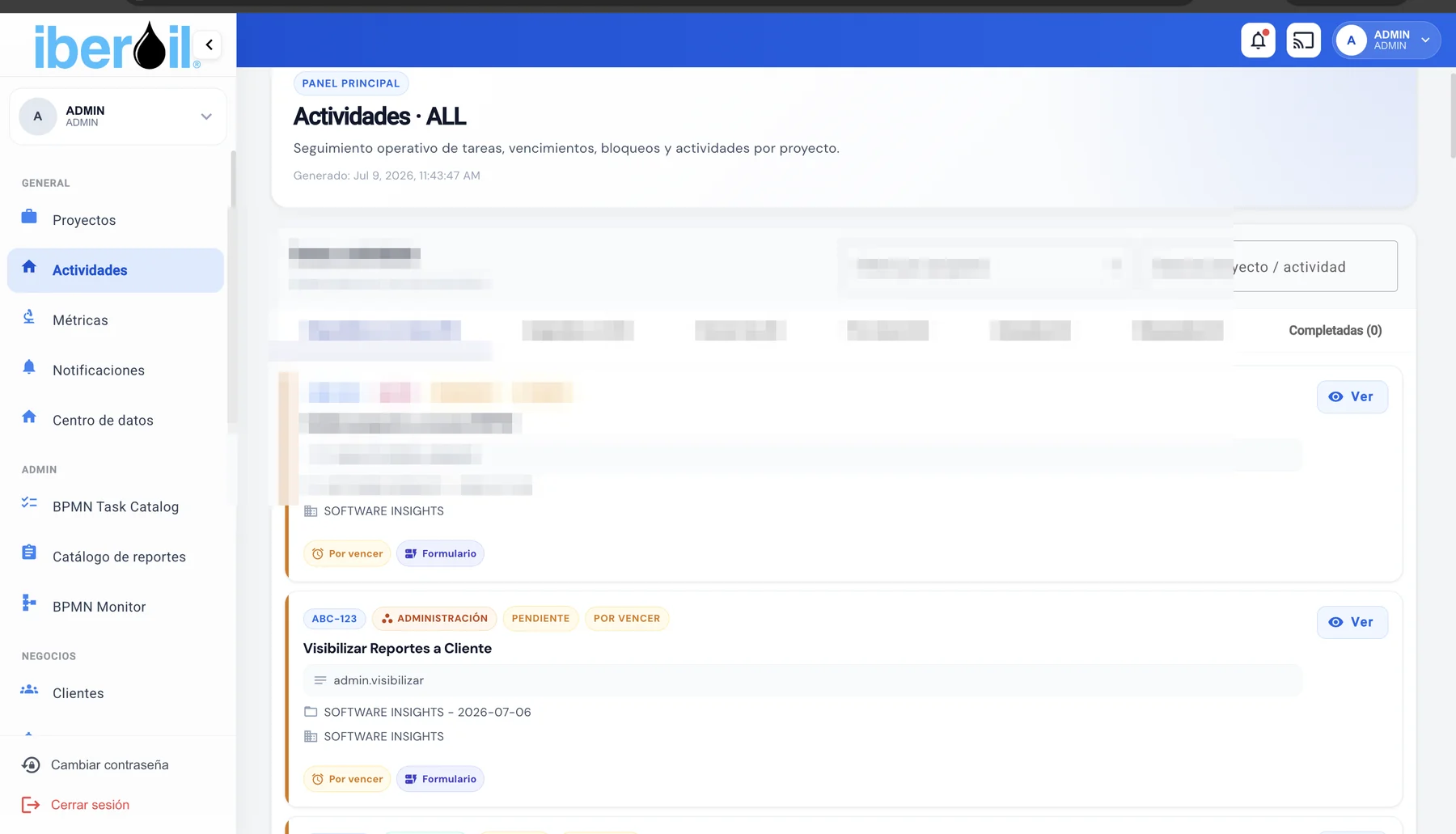 Dashboard de actividades por área