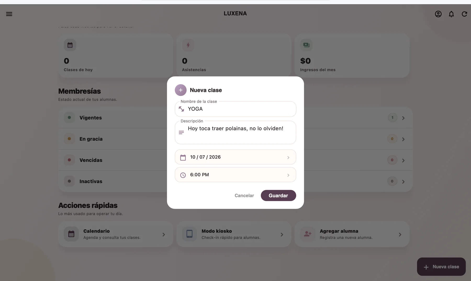 Alta de nueva clase desde panel web