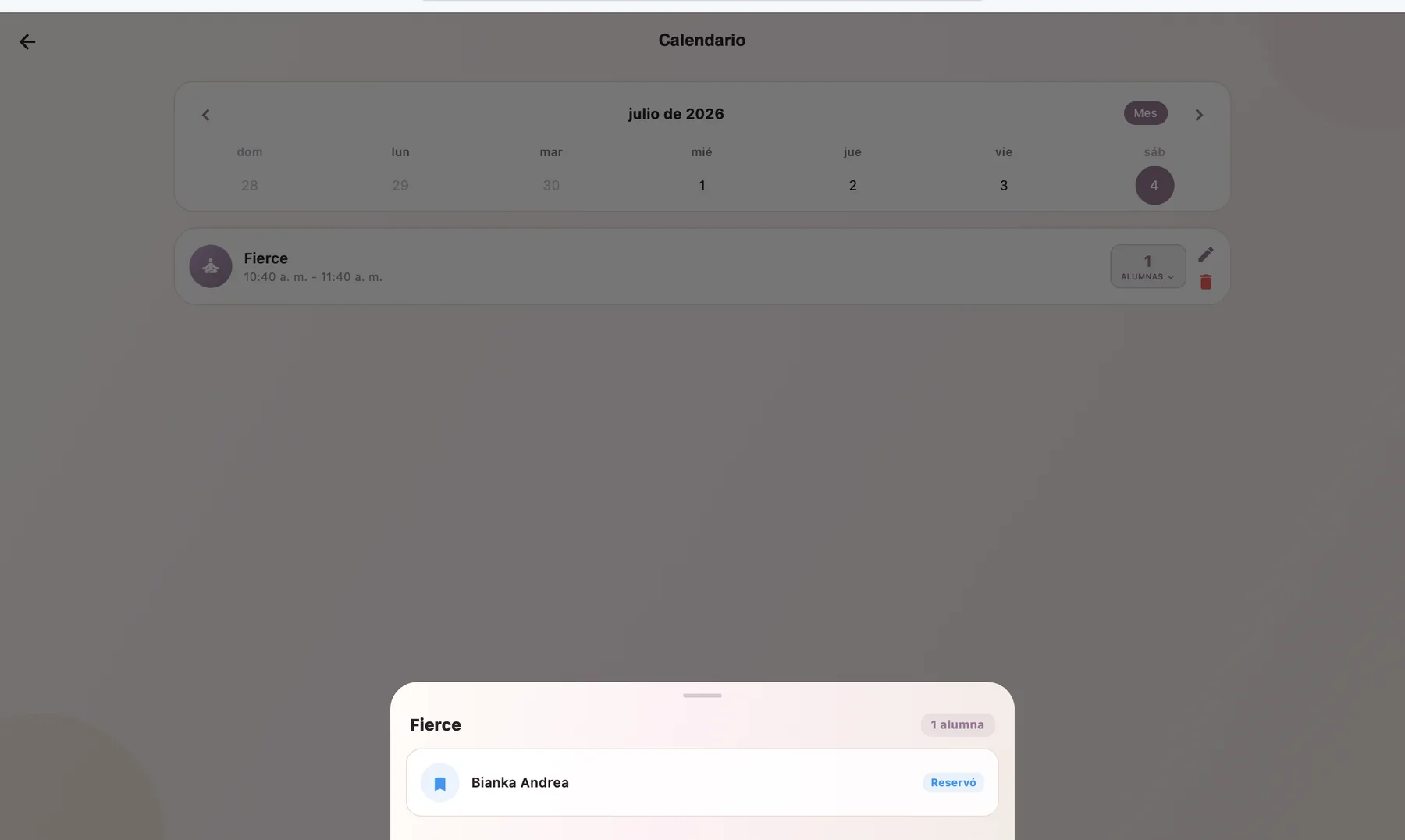 Edición de clase en calendario