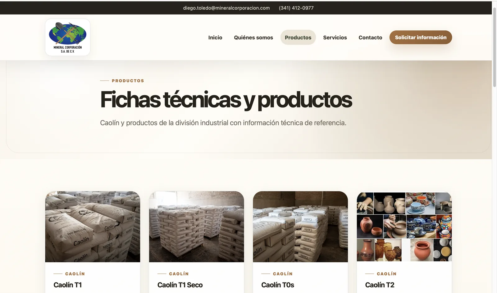 Página de productos minerales