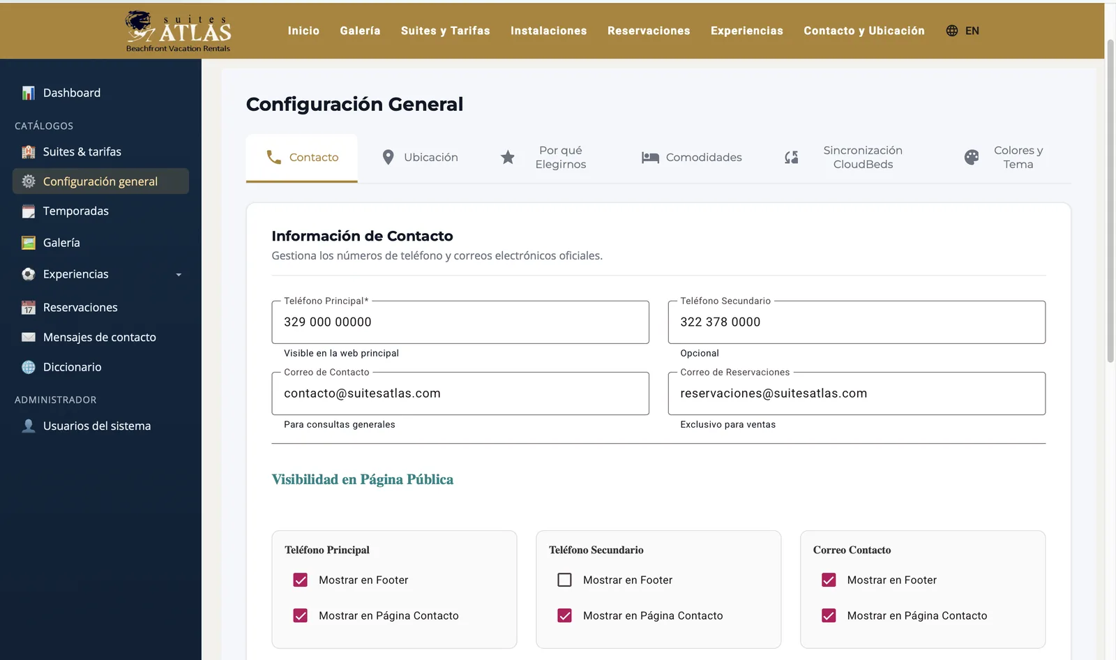 Panel administrativo Suites Atlas 5
