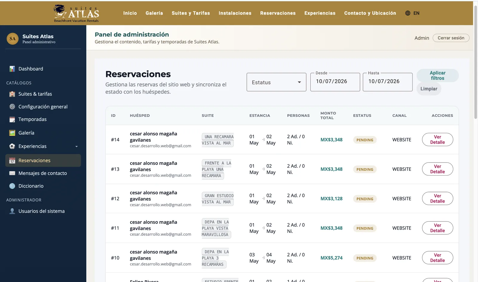 Panel administrativo Suites Atlas 12