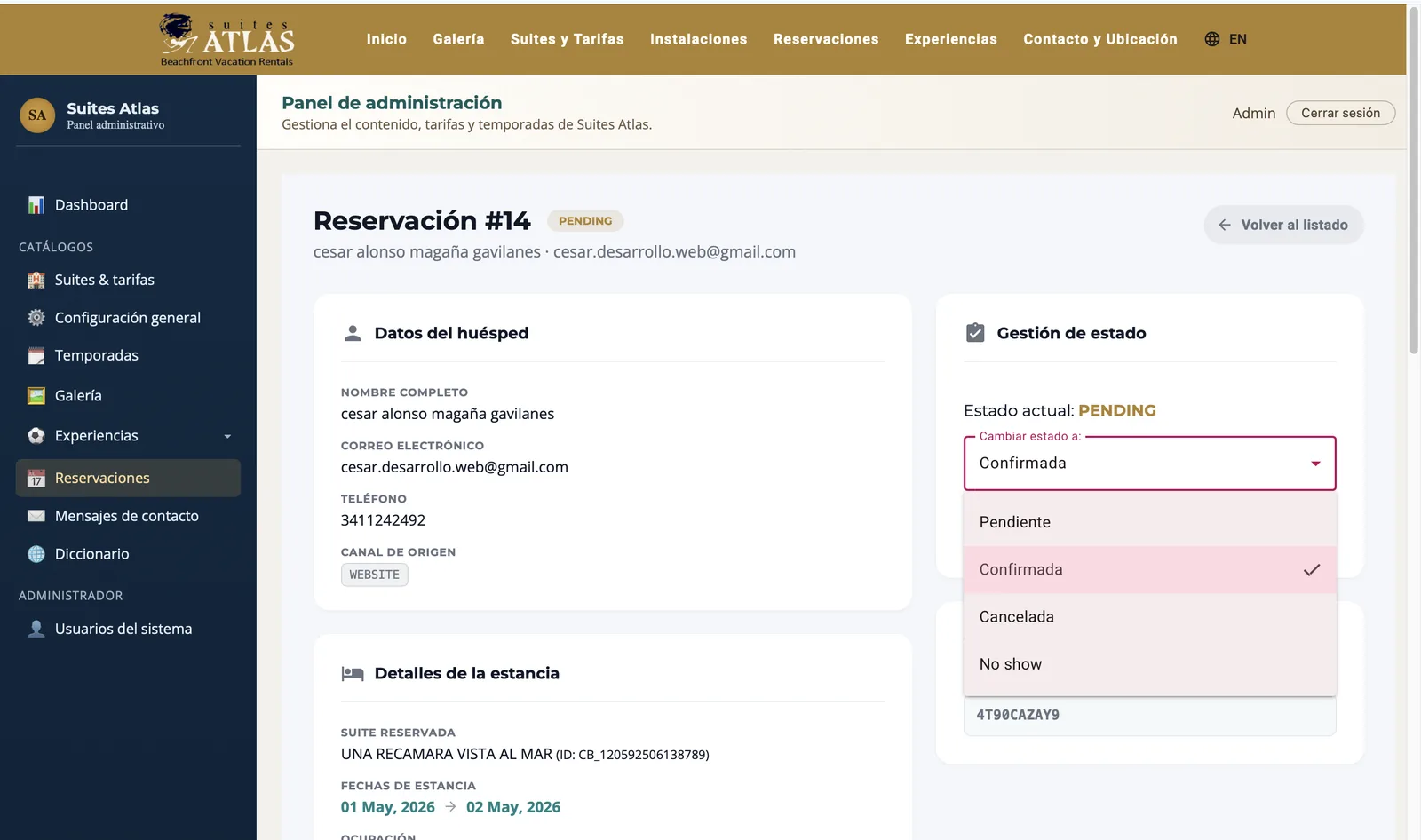 Panel administrativo Suites Atlas 13