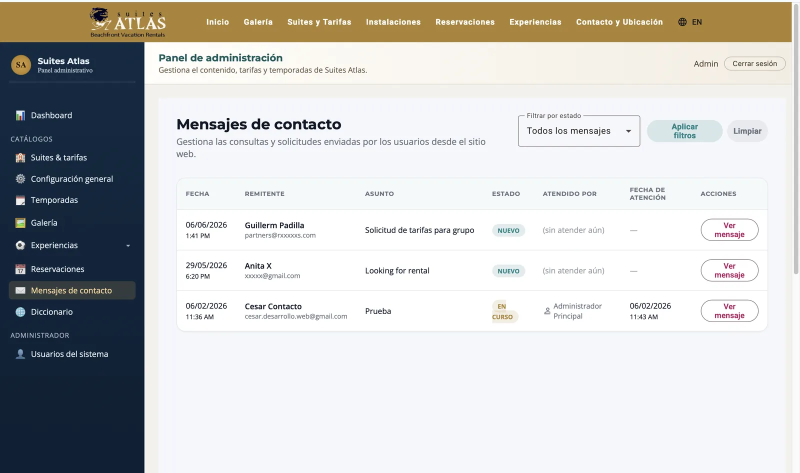 Panel administrativo Suites Atlas 14