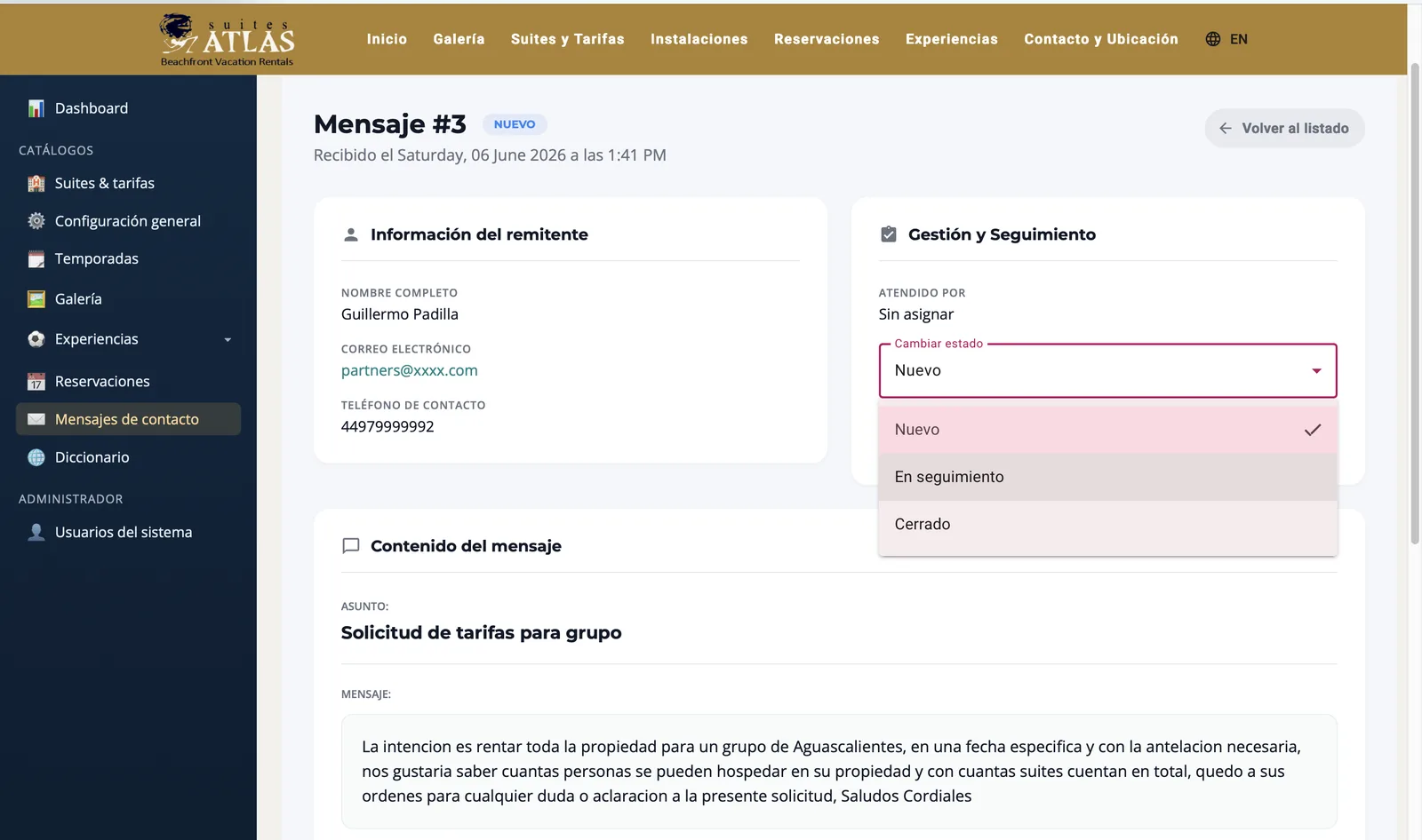 Panel administrativo Suites Atlas 15